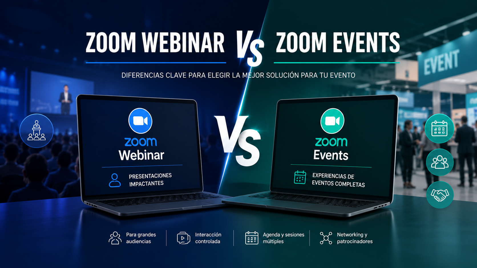 Conoce la diferencia entre Zoom Webinar y Zoom Events, sus funciones, ventajas y cuál es la mejor opción para eventos corporativos.